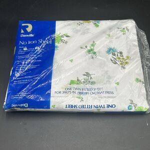 Vtg Danville Twin Bed Fitted Sheet Floral White Blue Green 39x75 Dan River